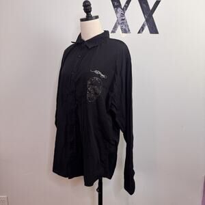 Vintage Y2K Ed Hardy Black Button Up Shirt Rhinestone Skull Logo Script Rare XL